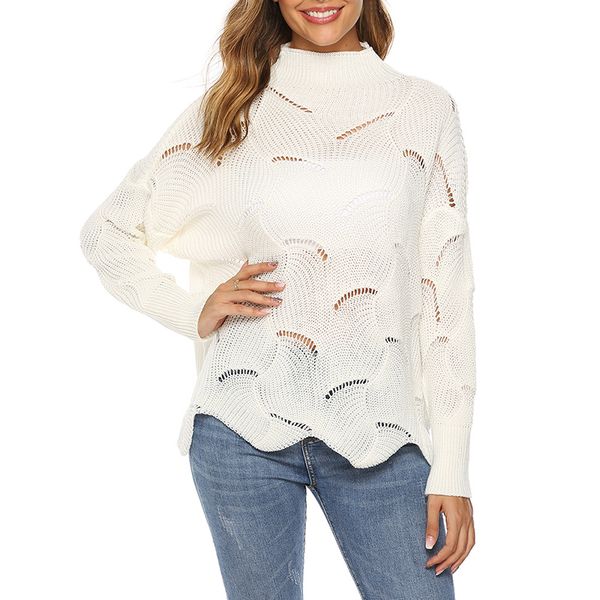 women solid color round neck sweater ladies hole knit medium high collar pullover sweater red xl, White;black
women solid color round neck sweater ladies hole knit medium high collar pullover sweater red xl, White;black