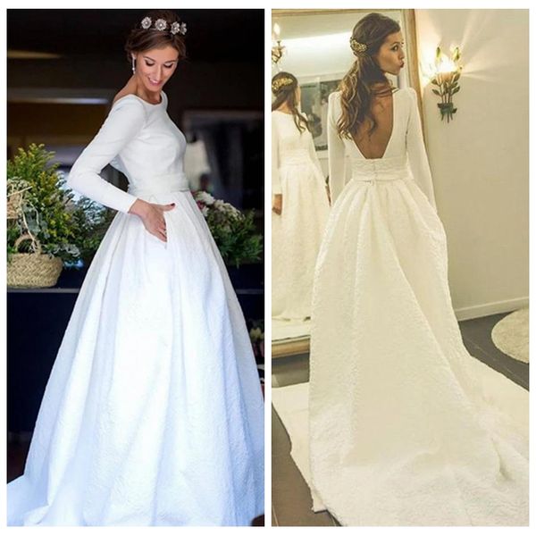 charming scoop neckline modern wedding dress bodice with court train long sleeve wedding dresses lace appliques skirt bridal dresses, White
charming scoop neckline modern wedding dress bodice with court train long sleeve wedding dresses lace appliques skirt bridal dresses, White