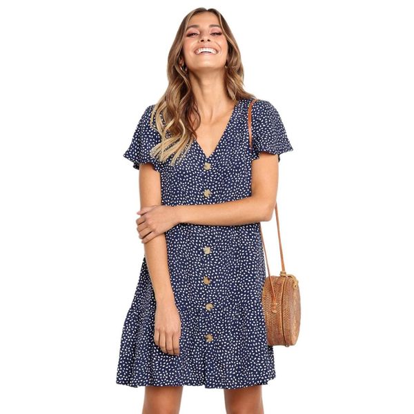 women polka dot v neck short sleeve dress loose casual button down short mini t-shirt ruffle hem dress, Blue;gray
women polka dot v neck short sleeve dress loose casual button down short mini t-shirt ruffle hem dress, Blue;gray