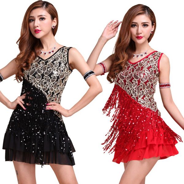 * elegant women night club party latin dance dress ballroom sequins fringe skirts h, Black;red
* elegant women night club party latin dance dress ballroom sequins fringe skirts h, Black;red