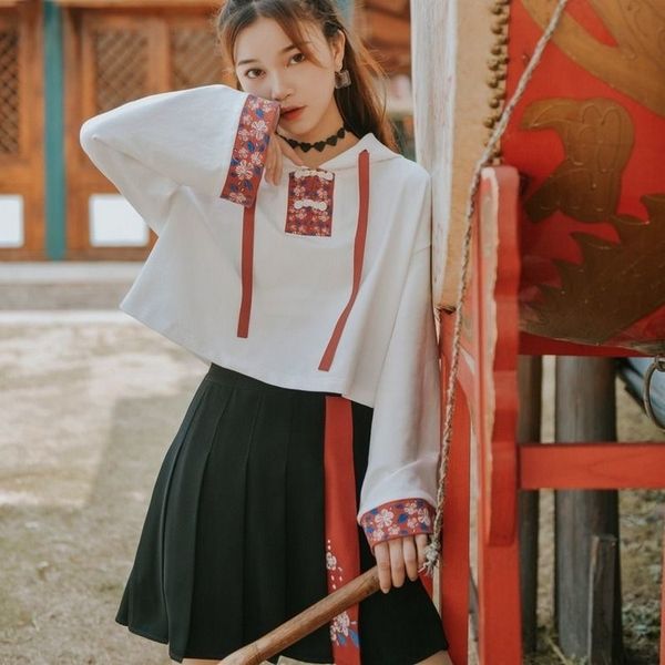 two-piece suit hooded sweatshirt & pleated a-line skirt long sleeve hoodies chinese style mini skirts fashion girl, White