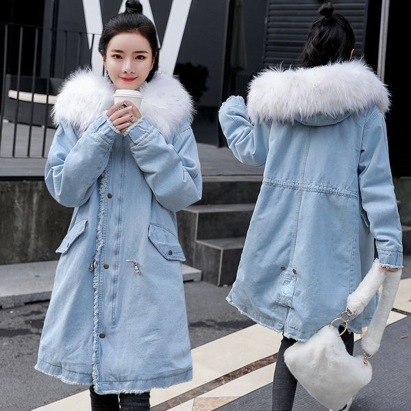 women denim cotton padded velvet jacket keep warm winter new loose long coat large raccoon fur hooded mujer thick parkas mz3269, Black
women denim cotton padded velvet jacket keep warm winter new loose long coat large raccoon fur hooded mujer thick parkas mz3269, Black