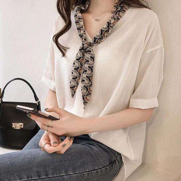 2019 women's stitching scarf chiffon women's short sleeve temperament shirt loose base shirt, White
2019 women's stitching scarf chiffon women's short sleeve temperament shirt loose base shirt, White