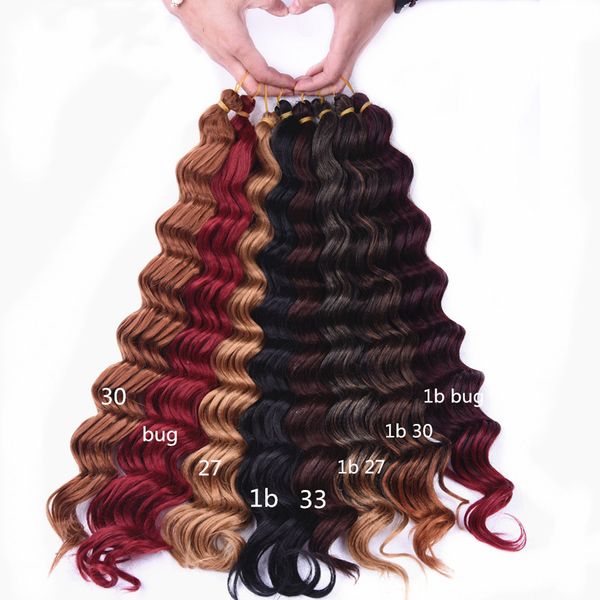 

18 inch Deep wave Crochet Braids Synthetic Hair Extension 80g Ombre Braiding Twist Hair Bundles Black Burgundy Brown Color for Women