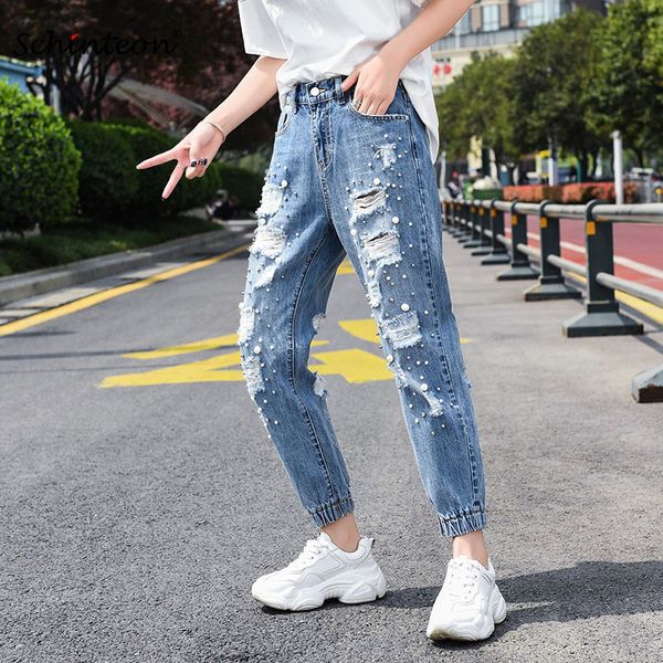 schinteon plus size denim harem pants rippped hole elastic waist ankle-length loose trousers high waist beading streetwear, Blue
schinteon plus size denim harem pants rippped hole elastic waist ankle-length loose trousers high waist beading streetwear, Blue