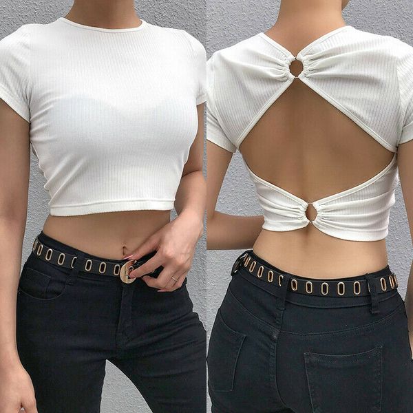new fashion women's solid short sleeve o-neck slim backless short tee-shirt lady summer casual cool t-shirt, White
new fashion women's solid short sleeve o-neck slim backless short tee-shirt lady summer casual cool t-shirt, White