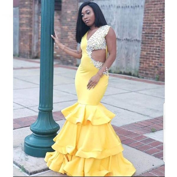 yellow mermaid long prom dresses v neck rhinestones tieres skirt evening party dress sheer waist rochii seara, Black;red
yellow mermaid long prom dresses v neck rhinestones tieres skirt evening party dress sheer waist rochii seara, Black;red