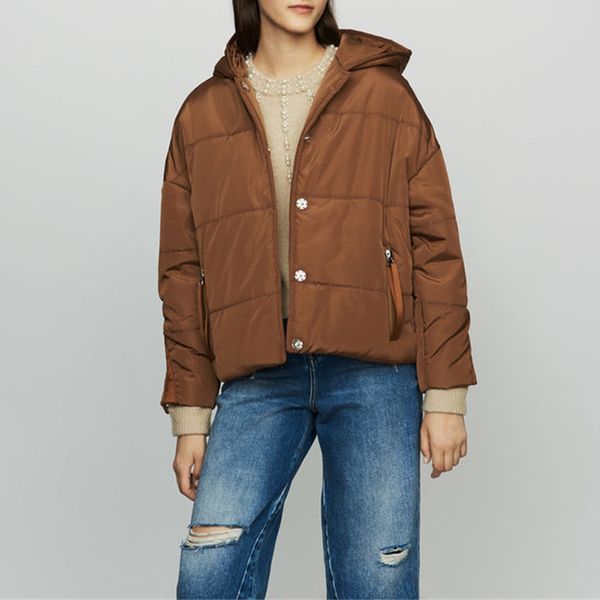 winter hooded padded jacket lady solid color warm zipper pockets outwear, Black
winter hooded padded jacket lady solid color warm zipper pockets outwear, Black