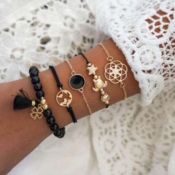 5 pcs/set black beaded tassel bracelets for women alloy sea turtle starfish map charm bracelet female hand chains simple new, Golden;silver
5 pcs/set black beaded tassel bracelets for women alloy sea turtle starfish map charm bracelet female hand chains simple new, Golden;silver