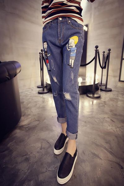 2016 spring is coming the new korean cartoon printing loose thin all-match ripped jeans pants, Blue
2016 spring is coming the new korean cartoon printing loose thin all-match ripped jeans pants, Blue