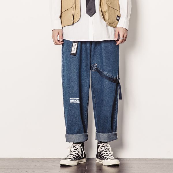 men wide leg jeans loose ribbon splice casual cargo denim harem pants male vintage streetwear hip hop straight trousers, Blue
men wide leg jeans loose ribbon splice casual cargo denim harem pants male vintage streetwear hip hop straight trousers, Blue