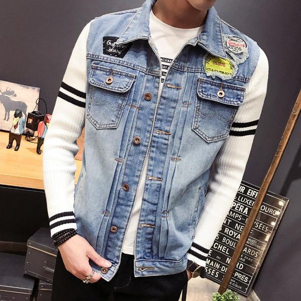 men denim jacket 2020 new men's korean slim fit patch knit sleeve tide men's multi-pocket casual jacket, Black;brown
men denim jacket 2020 new men's korean slim fit patch knit sleeve tide men's multi-pocket casual jacket, Black;brown