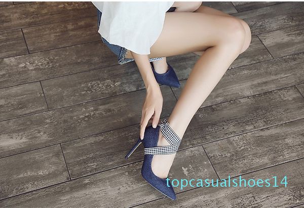female pointed high heels elegant women high heels fashion word buckle plaid straps shallow denim female high heels shoe t14, Black
female pointed high heels elegant women high heels fashion word buckle plaid straps shallow denim female high heels shoe t14, Black