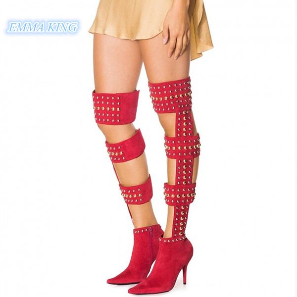 red suede rivets decorated over knee summer boots women pointed toe stilettos gladiator shoes woman side zip high heels sandals, Black
red suede rivets decorated over knee summer boots women pointed toe stilettos gladiator shoes woman side zip high heels sandals, Black