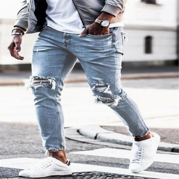 отверстия длинные дизайнерские мужские джинсы средняя талия обычная промытая молния современные мужские тонкие джинсы мужская одежда, Blue