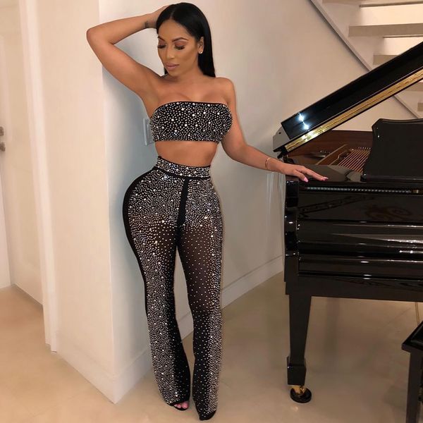 lady night club strapless woman fashion sequin solid crop and straight transparent pants tube women 2 pieces sets, White
lady night club strapless woman fashion sequin solid crop and straight transparent pants tube women 2 pieces sets, White