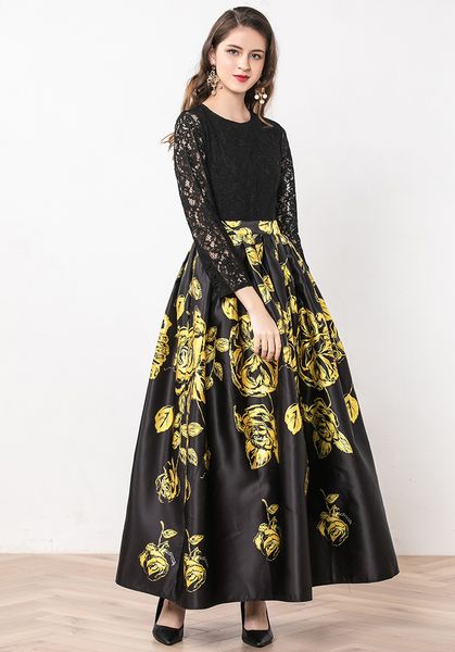 new arrival women's runway dress o neck lace bodice patchwork printed ruched elegant long designer dress, Black
new arrival women's runway dress o neck lace bodice patchwork printed ruched elegant long designer dress, Black