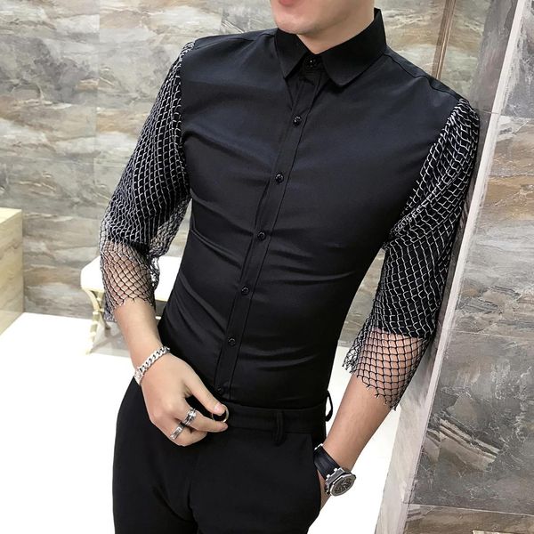 men's casual shirts hollow mens lace dress club 2021 summer black british style performance clothes camisa de vestir, White;black
men's casual shirts hollow mens lace dress club 2021 summer black british style performance clothes camisa de vestir, White;black