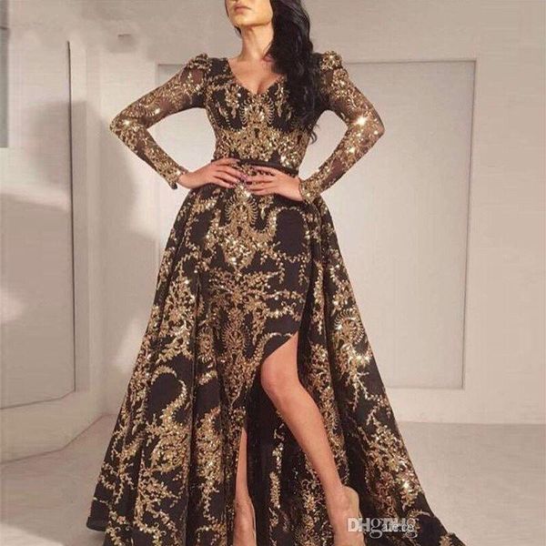 Vintage Glitz Long Sleeve Evening Dresses Detachable Train Side Split Lace Appliques Sequined Mermaid Prom Party Dress Women Formal Wear
Vintage Glitz Long Sleeve Evening Dresses Detachable Train Side Split Lace Appliques Sequined Mermaid Prom Party Dress Women Formal Wear