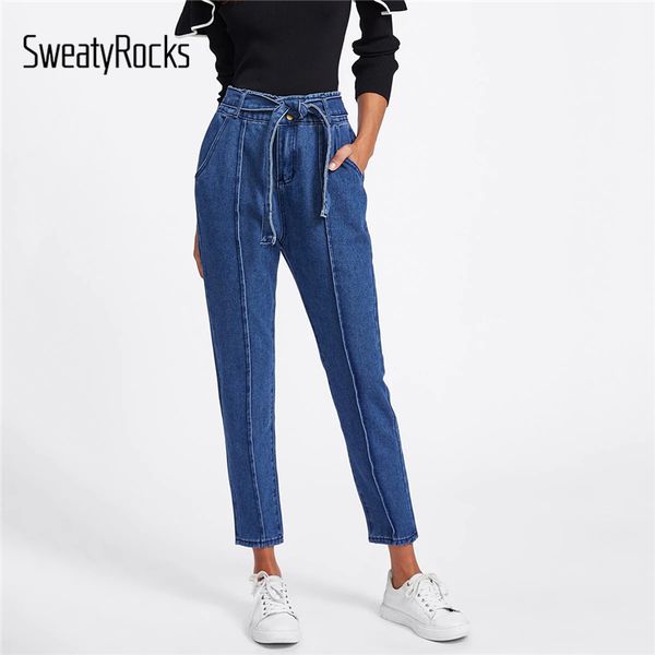 sweatyrocks navy tie waist seam front jeans streetwear women solid button denim pants 2019 spring tapered casual jeans, Blue
sweatyrocks navy tie waist seam front jeans streetwear women solid button denim pants 2019 spring tapered casual jeans, Blue
