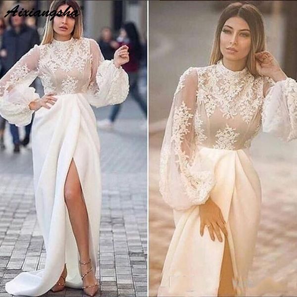 high collar white 2019 evening dresses mermaid lace applique illusion long sleeves formal party gowns side split prom dress, White;black
high collar white 2019 evening dresses mermaid lace applique illusion long sleeves formal party gowns side split prom dress, White;black