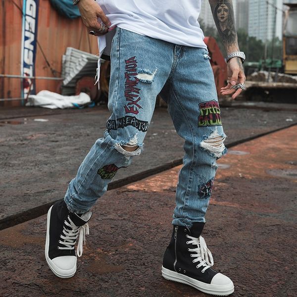 мода мужчины печати ripped hole jeans hip hop голубой натяжные прямой джинсовые брюки, Blue
мода мужчины печати ripped hole jeans hip hop голубой натяжные прямой джинсовые брюки, Blue