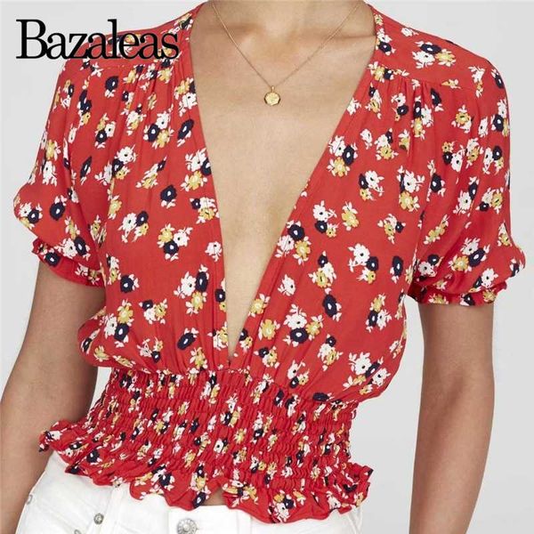 red floral print women t-shirt elastic waist women t shirt deep v neck cropped crop top, White
red floral print women t-shirt elastic waist women t shirt deep v neck cropped crop top, White