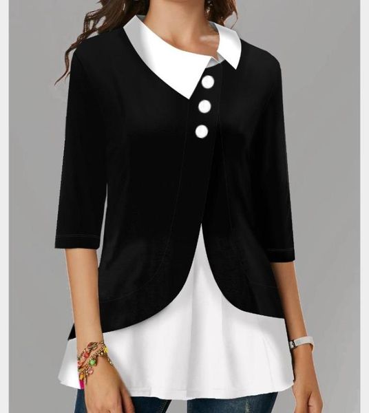 shirt blouse 2020 women new fashion turn-down collar irregularity splicing female 3/4 sleeve head shirt office clothes, White 
shirt blouse 2020 women new fashion turn-down collar irregularity splicing female 3/4 sleeve head shirt office clothes, White