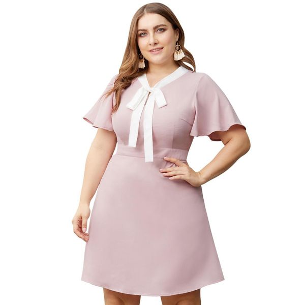 2019 european and american sweet short sleeve solid women's new contrast color bow v-neck waist a word large size dresses, White
2019 european and american sweet short sleeve solid women's new contrast color bow v-neck waist a word large size dresses, White
