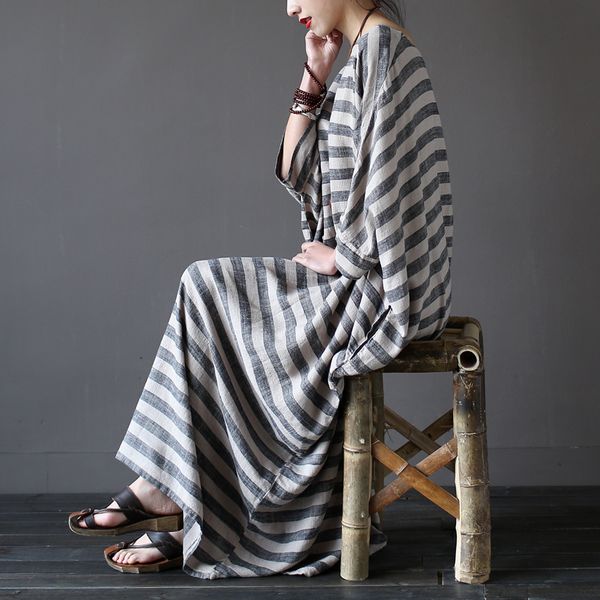 women summer linen robe dress loose plus size striped dresses literary o-neck three quarter sleeve mid-calf vintage, Black;gray
women summer linen robe dress loose plus size striped dresses literary o-neck three quarter sleeve mid-calf vintage, Black;gray