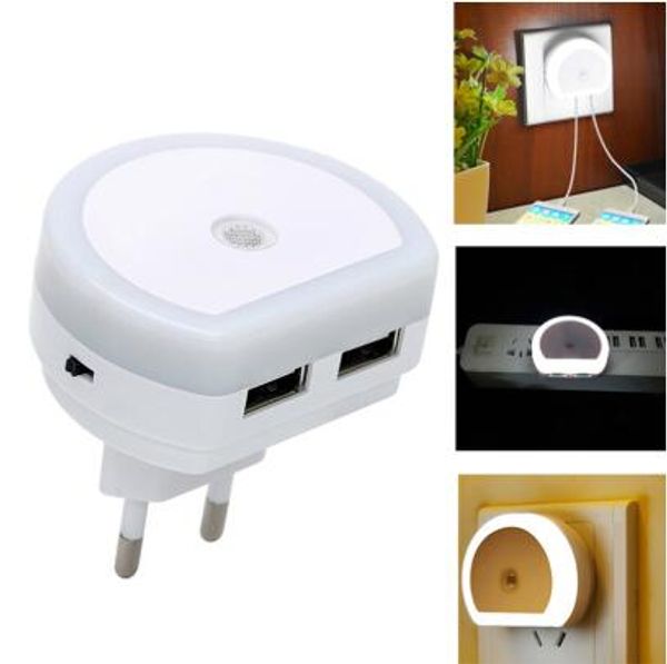 Led Night Light With Dual Usb Port Phone Charger Wall Eu/us Plug Light Sensor Control Socket Day And Night Sensor Wall Light