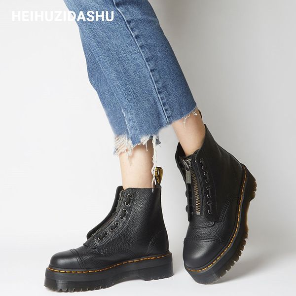 litchi boots women thick platform front zipper design ankle boots women 2019 fashion autumn/winter lace-up, Black
