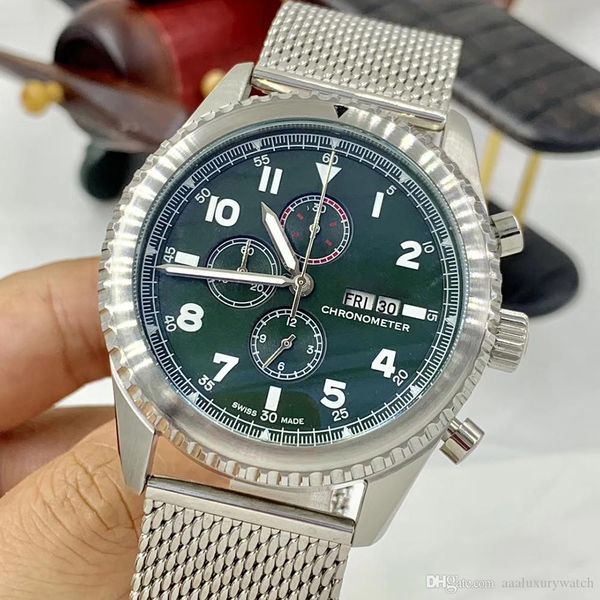 good quality aviator 8 b01 quartz green dial mens watch day date watches contrasting subdivision scale wristwatches, Slivery;brown
good quality aviator 8 b01 quartz green dial mens watch day date watches contrasting subdivision scale wristwatches, Slivery;brown