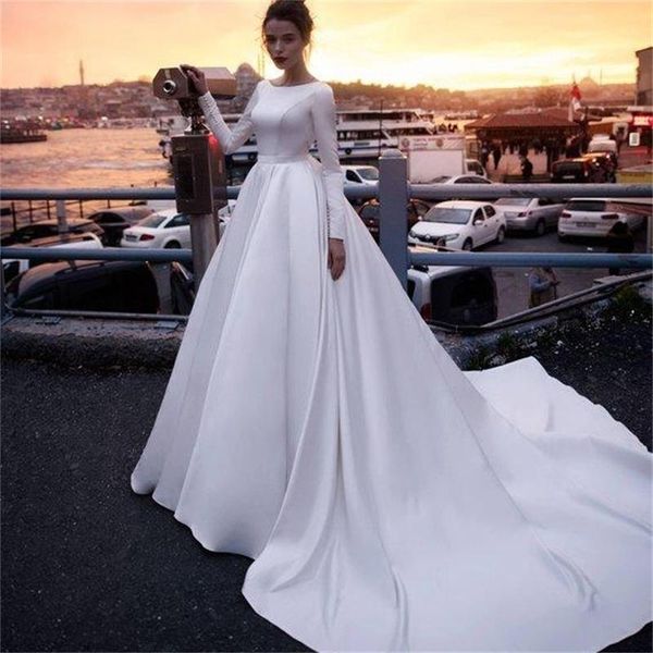 ange etoiles satin wedding dresses backless long sleeve bridal gowns sweep train a line beach wedding dress custom, White
ange etoiles satin wedding dresses backless long sleeve bridal gowns sweep train a line beach wedding dress custom, White