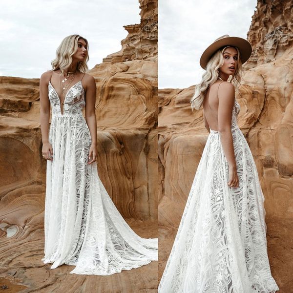 bohemian 2020 a line wedding dresses lace appliqued spaghetti v neck lace bridal gown backless boho wedding dress robes de mariée, White
bohemian 2020 a line wedding dresses lace appliqued spaghetti v neck lace bridal gown backless boho wedding dress robes de mariée, White