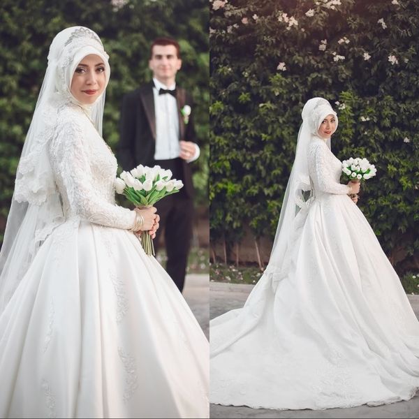 arabic muslim satin wedding dresses high neck lace appliqued long sleeves button back bridal gowns ball gown custom made wedding gowns, White
arabic muslim satin wedding dresses high neck lace appliqued long sleeves button back bridal gowns ball gown custom made wedding gowns, White