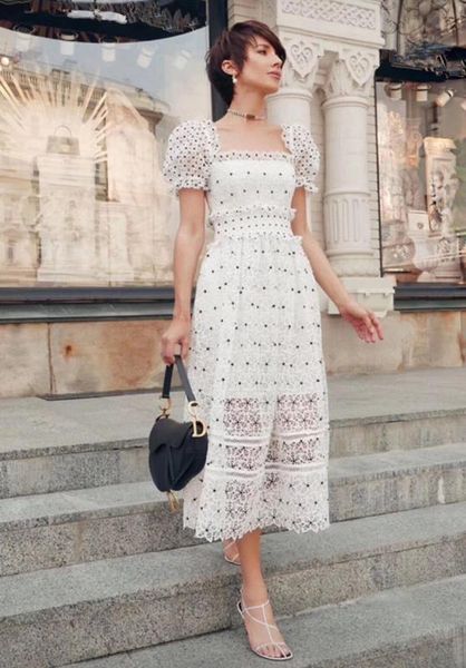 2020 new arrive white lace flower dress, White;black