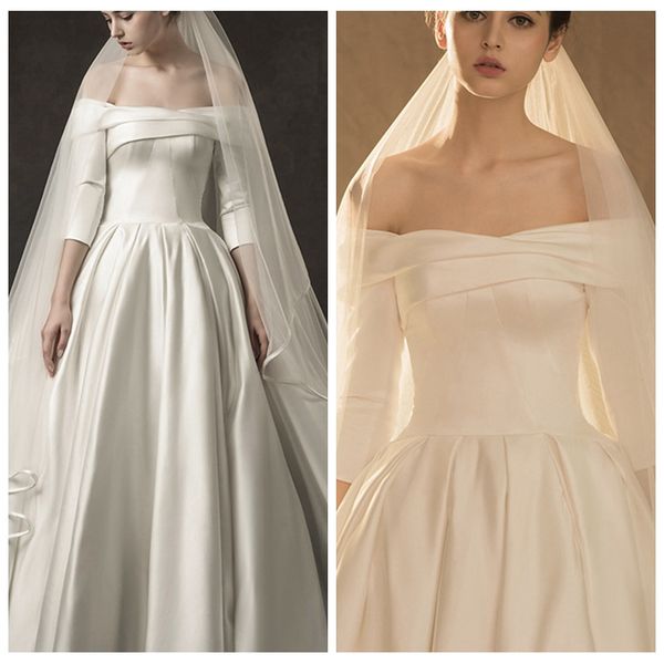 elegant bateau neck vintage wedding dress with half sleeve a line satin wedding dress floor length simple wedding dress with lace up back, White
elegant bateau neck vintage wedding dress with half sleeve a line satin wedding dress floor length simple wedding dress with lace up back, White