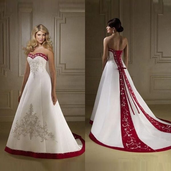 red and white satin embroidery wedding dresses vintage retro strapless a line lace up court train country bridal gowns vestidos plus size
red and white satin embroidery wedding dresses vintage retro strapless a line lace up court train country bridal gowns vestidos plus size