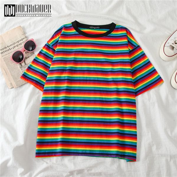 women's t-shirt duckwaver sweet rainbow stripe women summer minimalist short sleeve clothes vogue tee shirt couple, White
women's t-shirt duckwaver sweet rainbow stripe women summer minimalist short sleeve clothes vogue tee shirt couple, White