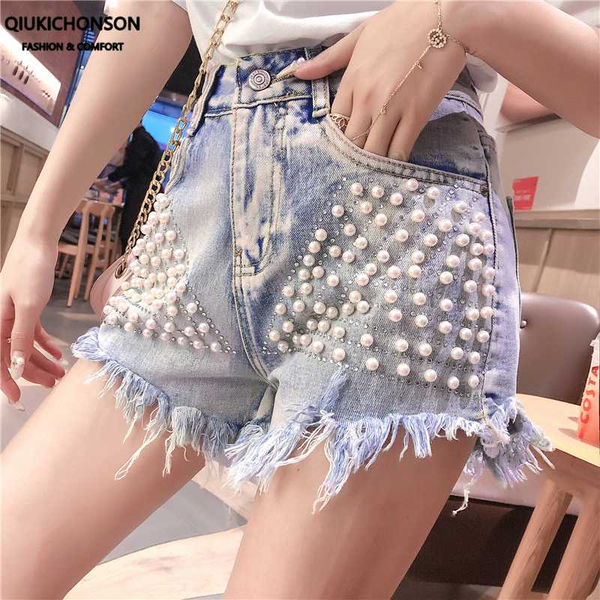 high waist beads denim shorts womens summer fashion casual pearl diamond-embedded fringe shorts jeans short femme ete, White;black
high waist beads denim shorts womens summer fashion casual pearl diamond-embedded fringe shorts jeans short femme ete, White;black