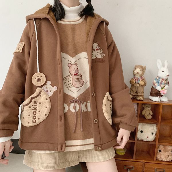 korean little bear cookie cartoon patch embroidery plush thick coat japanese girl loose long sleeve autumn winter hooded jacket, Black;white
korean little bear cookie cartoon patch embroidery plush thick coat japanese girl loose long sleeve autumn winter hooded jacket, Black;white