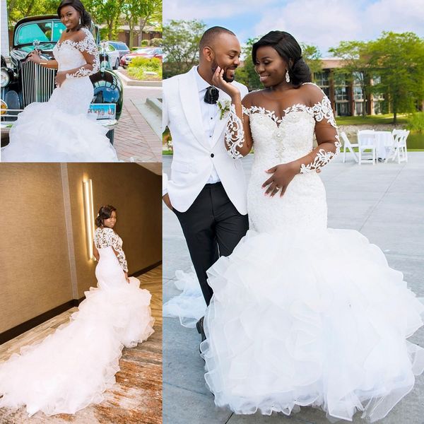 african mermaid wedding dresses long sleeves sheer neckline plus size wedding dress long train ruffles bridal vestido de novia, White
african mermaid wedding dresses long sleeves sheer neckline plus size wedding dress long train ruffles bridal vestido de novia, White