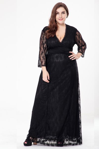 women's large size europe and america v-neck evening dress long skirt black openwork seven-point sleeves lace dress, White;black
women's large size europe and america v-neck evening dress long skirt black openwork seven-point sleeves lace dress, White;black
