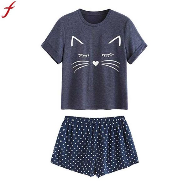 feitong pyjamas women 2019 casual cat print shorts short sleeve pajamas suit sleepwear shirts and nightwear set, Blue;gray
feitong pyjamas women 2019 casual cat print shorts short sleeve pajamas suit sleepwear shirts and nightwear set, Blue;gray