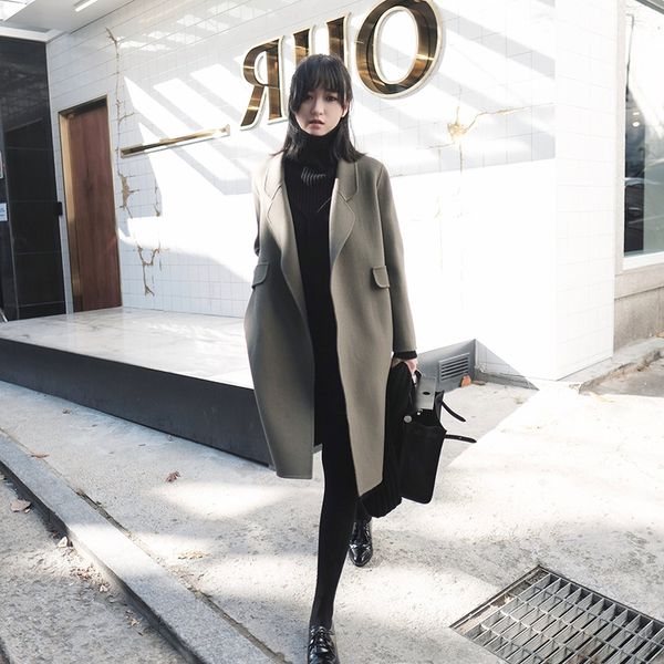 Â 2019 new autumn and winter retro fashion temperament thickening coat woolen slim loose casual double-faced cashmere coat, Black
 2019 new autumn and winter retro fashion temperament thickening coat woolen slim loose casual double-faced cashmere coat, Black
