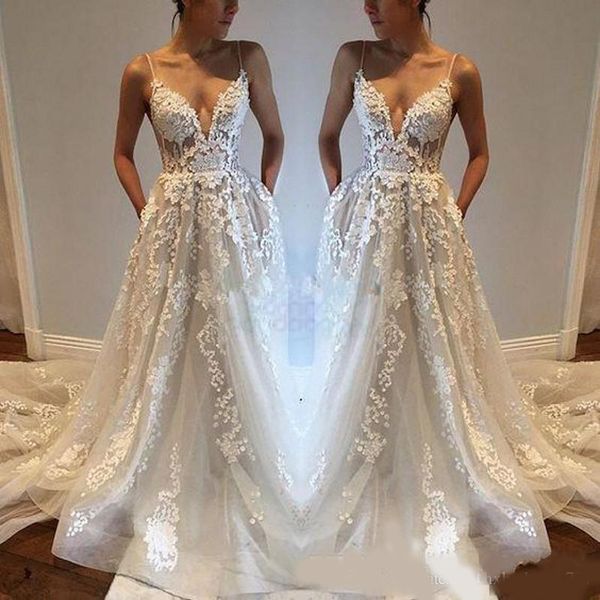 2020 new modest spaghetti backless elegant beach boho vintage bridal gowns pallas haute lace applique country wedding dresses, White
2020 new modest spaghetti backless elegant beach boho vintage bridal gowns pallas haute lace applique country wedding dresses, White