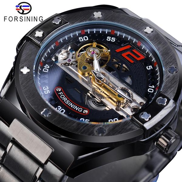 

forsining transparent automatic men watch golden bridge mechanical black stainless steel band skeleton watches relogio masculino, Slivery;brown