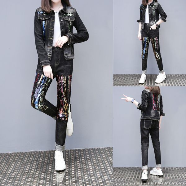 black denim suit female european 2020 spring autumn new color sequins bead elastic loose harem jeans jfmhrx two piece set women, White
black denim suit female european 2020 spring autumn new color sequins bead elastic loose harem jeans jfmhrx two piece set women, White