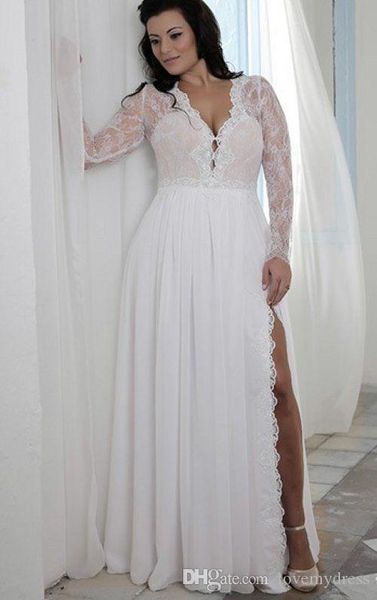 2020 beach high split wedding dresses chiffon deep v neck plus size designer illusion long sleeves lace beaded boho bridal wedding gowns, White
2020 beach high split wedding dresses chiffon deep v neck plus size designer illusion long sleeves lace beaded boho bridal wedding gowns, White